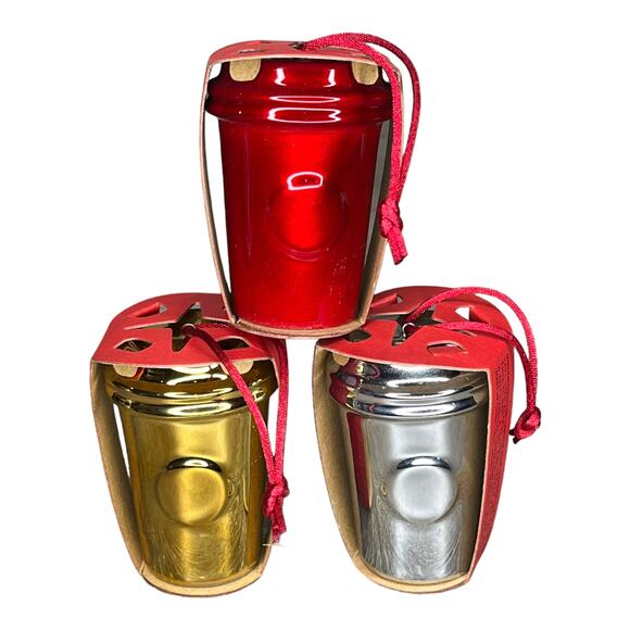 VTG Set (3) Ceramic Metallic Gold Red Silver STARBUCKS CUP ORNAMENTS 3" New - Picture 1 of 7